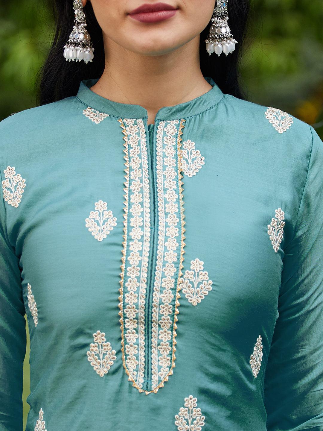 Floral Embroidered Solid Straight Kurta with Pant & Dupatta - Turquoise Blue - Indiakreations