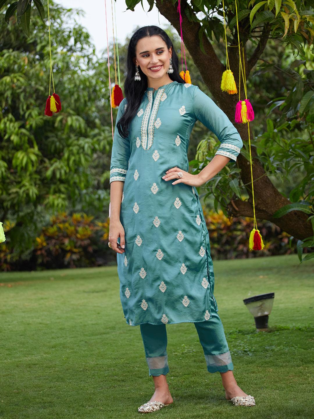 Floral Embroidered Solid Straight Kurta with Pant & Dupatta - Turquoise Blue - Indiakreations