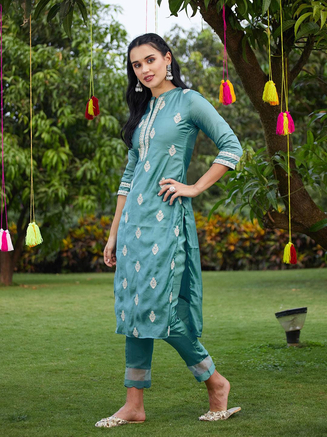 Floral Embroidered Solid Straight Kurta with Pant & Dupatta - Turquoise Blue - Indiakreations