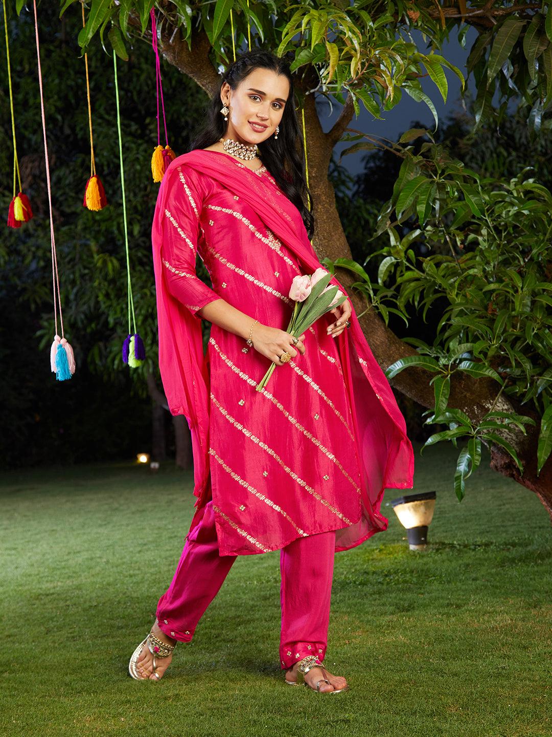 Ethnic Woven & Hand Embroidered Kurta with Pant & Dupatta - Hot Pink - Indiakreations