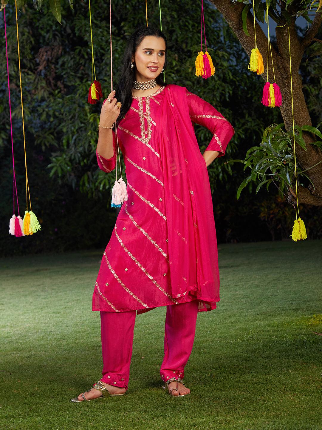 Ethnic Woven & Hand Embroidered Kurta with Pant & Dupatta - Hot Pink - Indiakreations