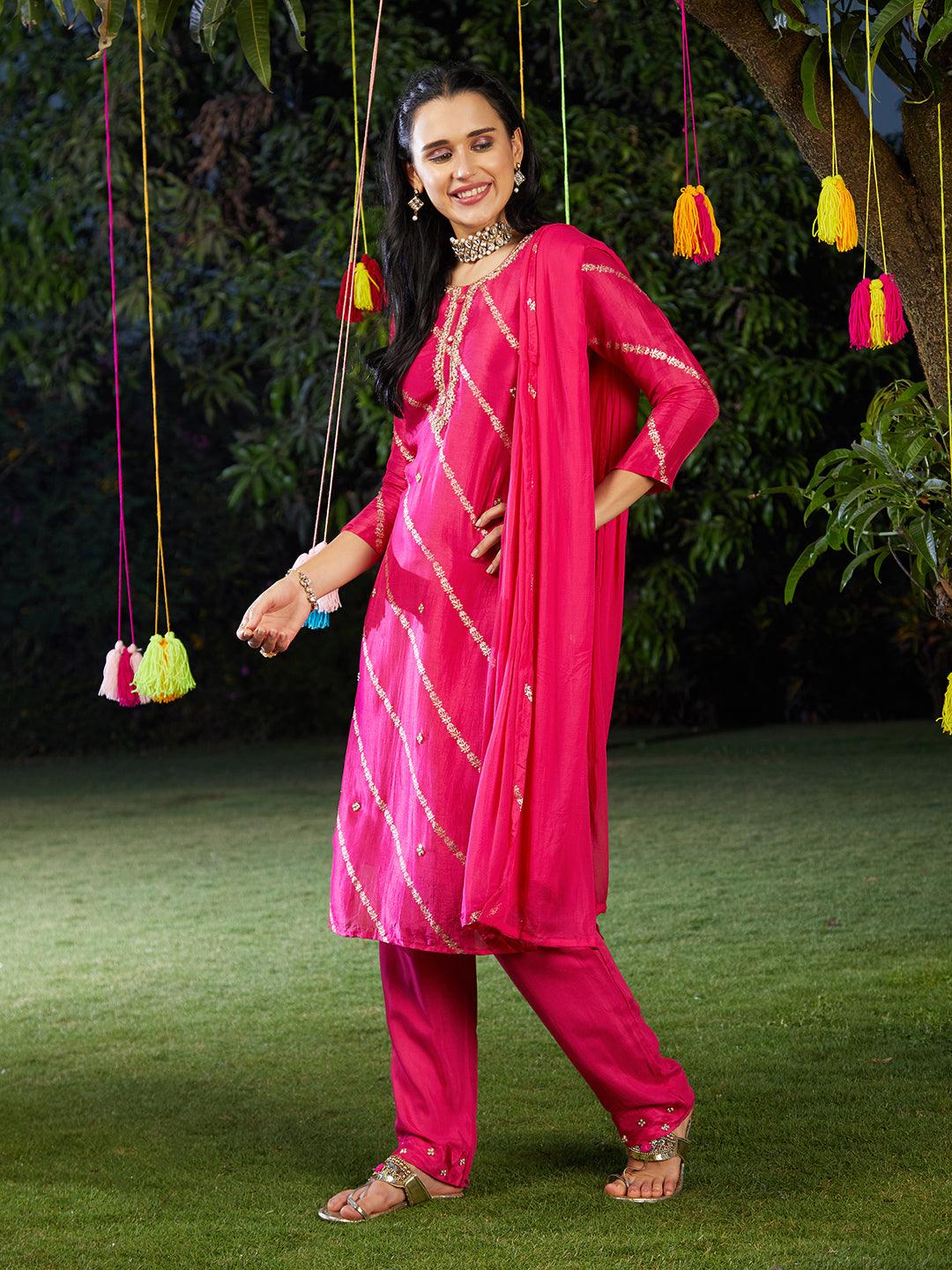 Ethnic Woven & Hand Embroidered Kurta with Pant & Dupatta - Hot Pink - Indiakreations