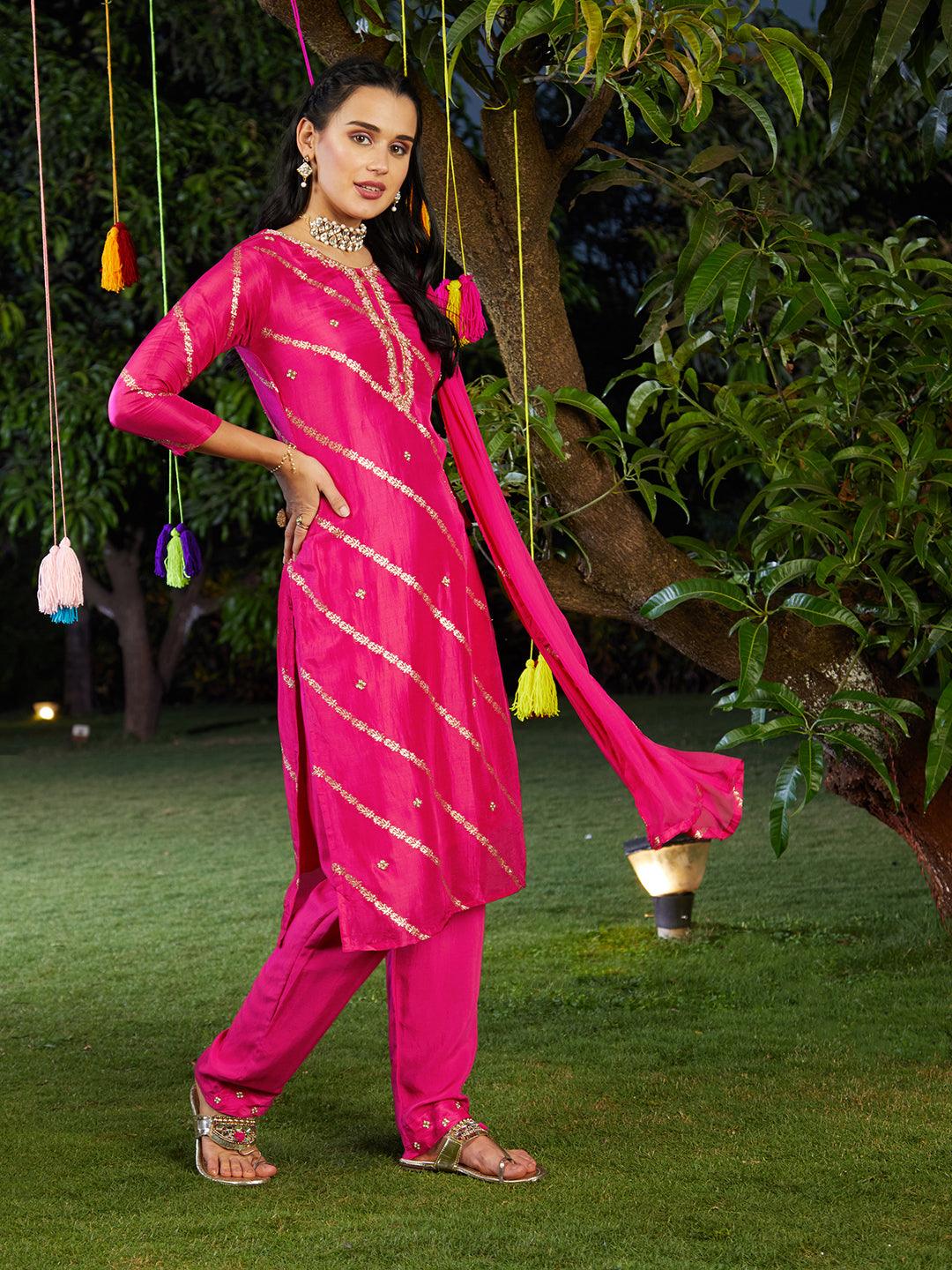 Ethnic Woven & Hand Embroidered Kurta with Pant & Dupatta - Hot Pink - Indiakreations