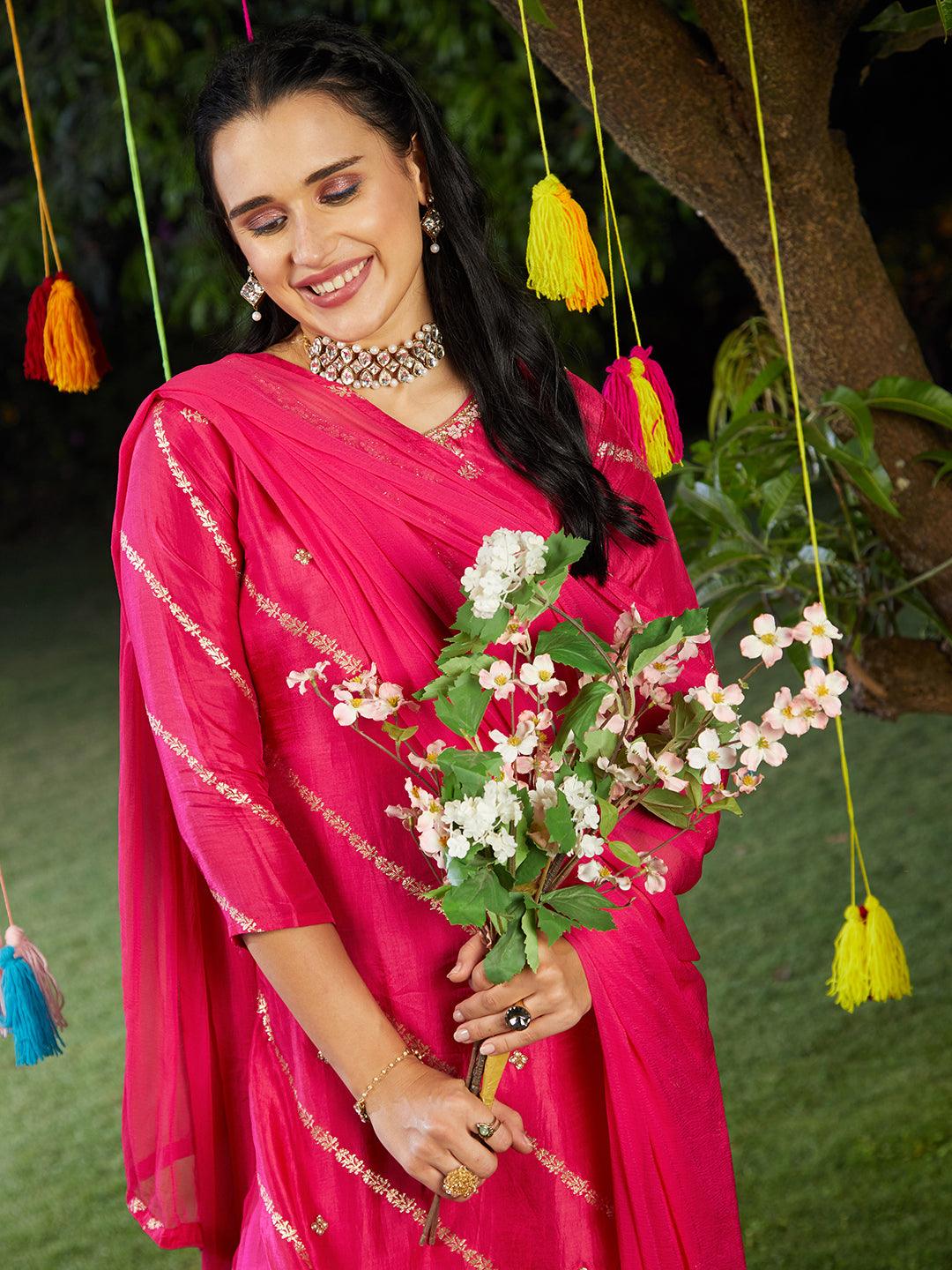 Ethnic Woven & Hand Embroidered Kurta with Pant & Dupatta - Hot Pink - Indiakreations