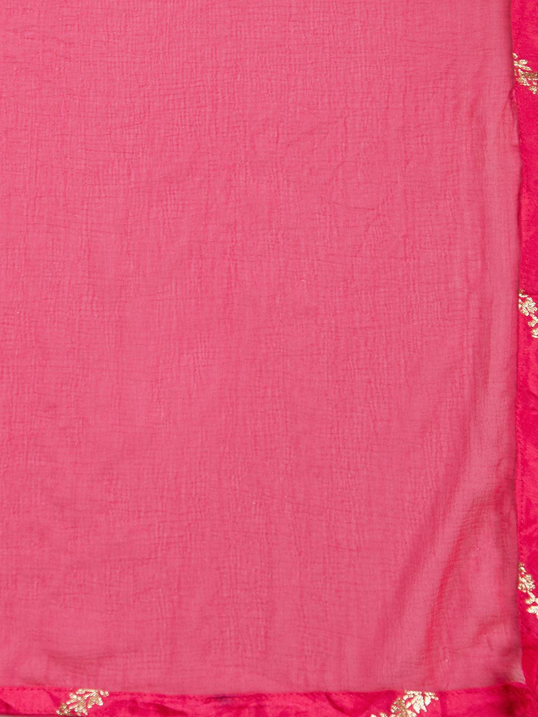 Ethnic Woven & Hand Embroidered Kurta with Pant & Dupatta - Hot Pink - Indiakreations