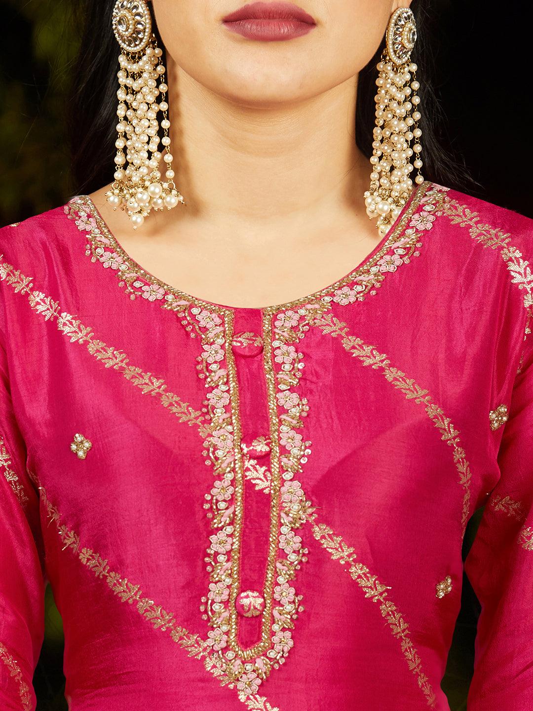 Ethnic Woven & Hand Embroidered Kurta with Pant & Dupatta - Hot Pink - Indiakreations