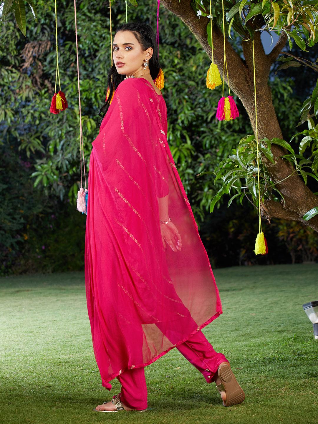 Ethnic Woven & Hand Embroidered Kurta with Pant & Dupatta - Hot Pink - Indiakreations