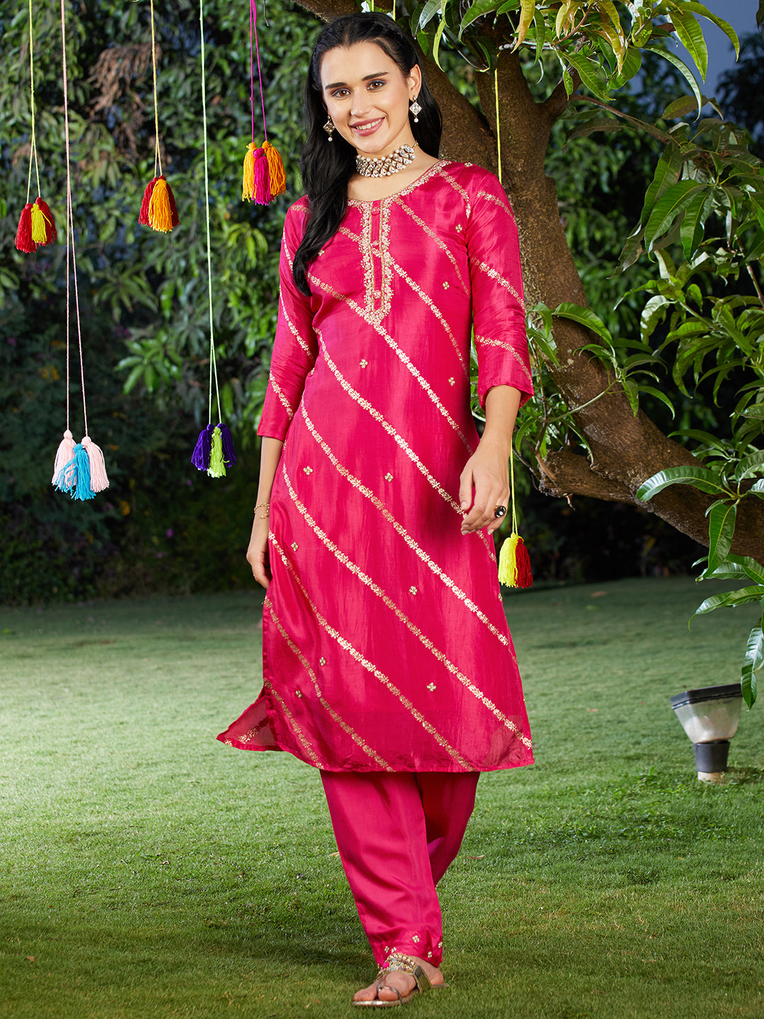 Ethnic Woven & Hand Embroidered Kurta with Pant & Dupatta - Hot Pink - Indiakreations