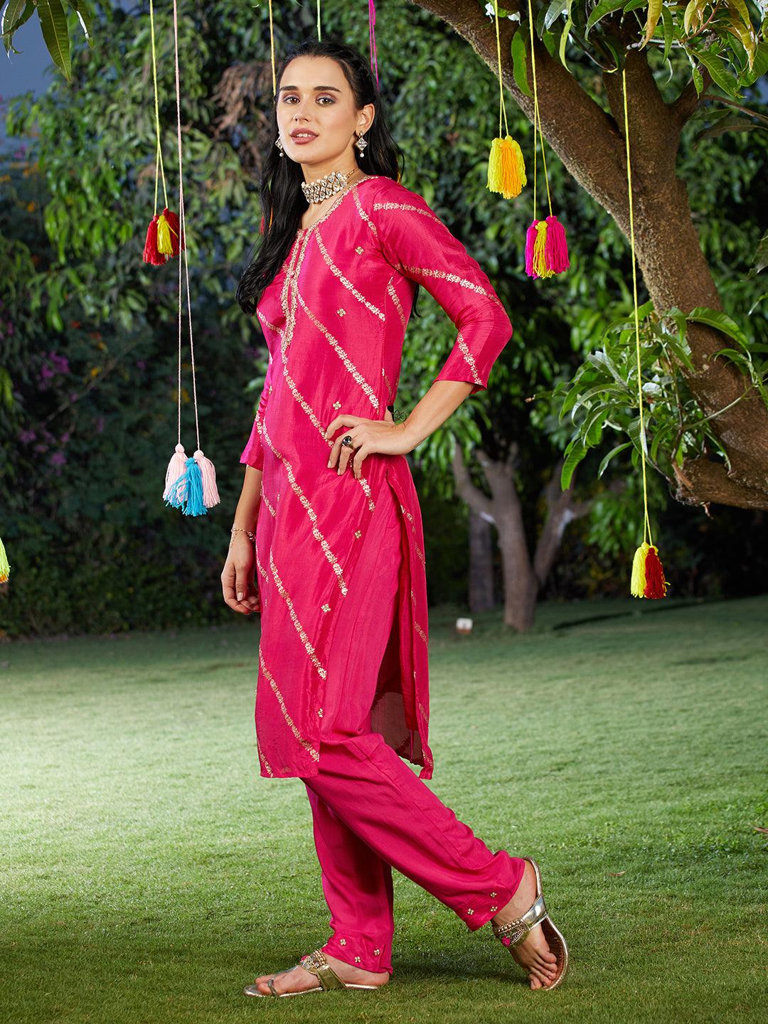 Ethnic Woven & Hand Embroidered Kurta with Pant & Dupatta - Hot Pink - Indiakreations