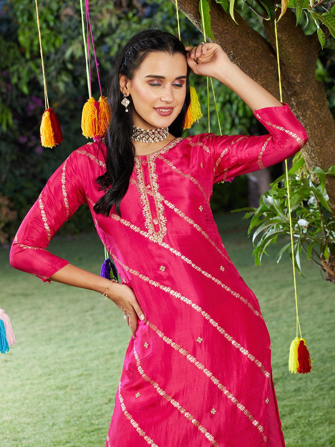 Ethnic Woven & Hand Embroidered Kurta with Pant & Dupatta - Hot Pink - Indiakreations