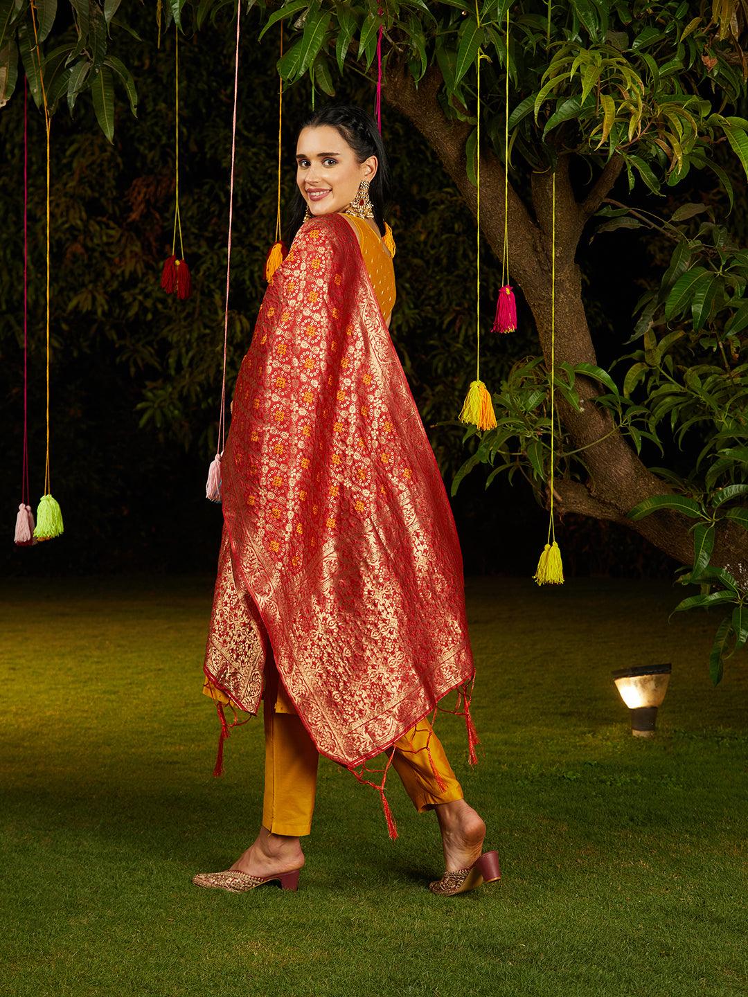 Ethnic Hand Embroidered Straight Kurta with Pants & Dupatta - Yellow - Indiakreations