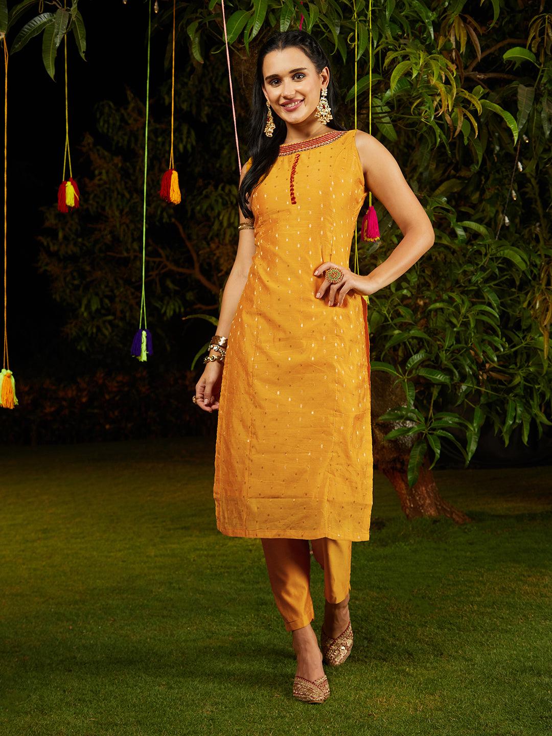 Ethnic Hand Embroidered Straight Kurta with Pants & Dupatta - Yellow - Indiakreations