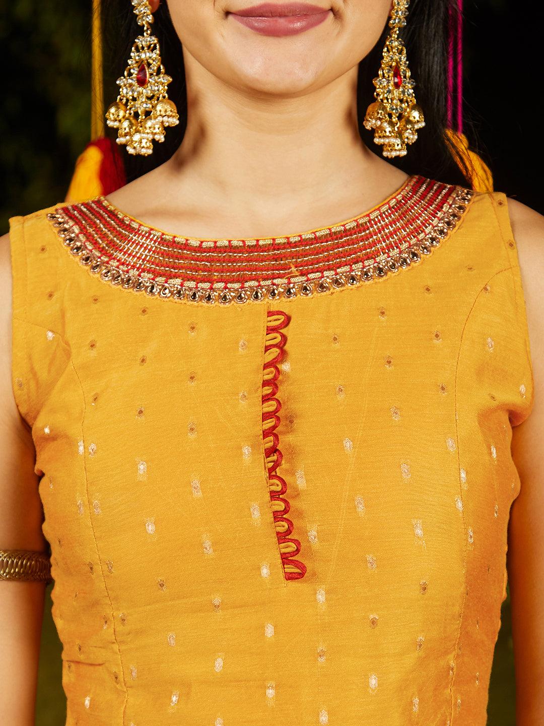 Ethnic Hand Embroidered Straight Kurta with Pants & Dupatta - Yellow - Indiakreations