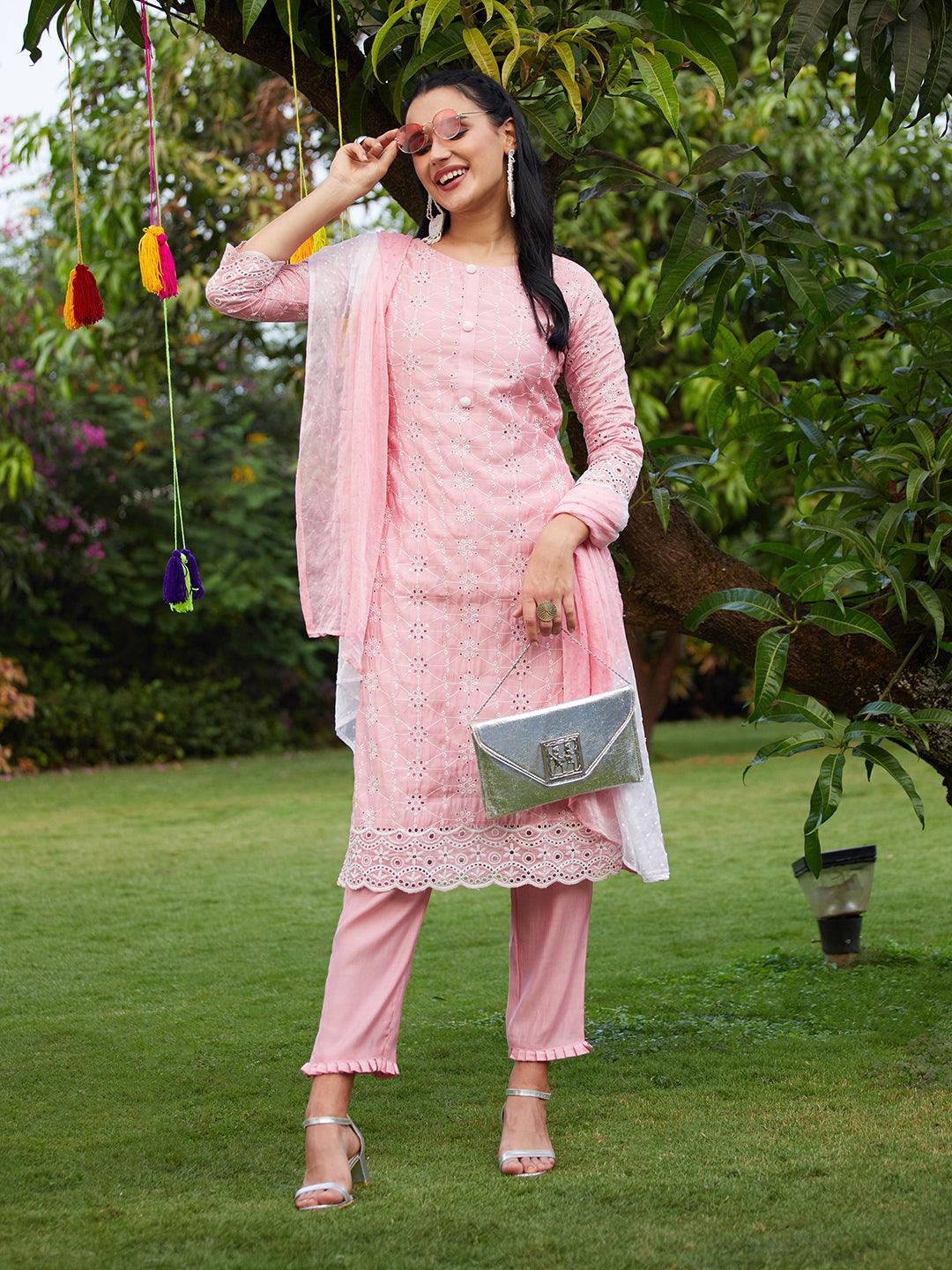 Floral Embroidered Straight Fit Kurta with Pants & Dupatta - Pink - Indiakreations