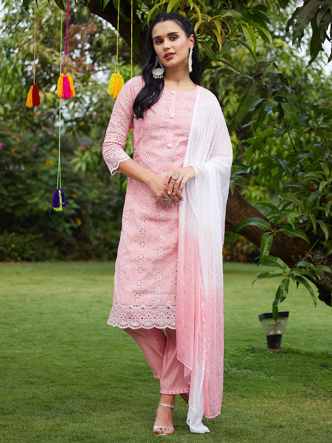 Floral Embroidered Straight Fit Kurta with Pants & Dupatta - Pink - Indiakreations