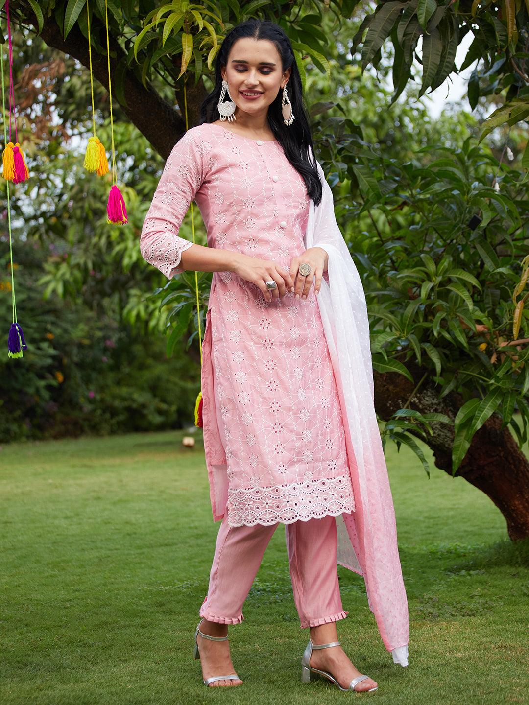 Floral Embroidered Straight Fit Kurta with Pants & Dupatta - Pink - Indiakreations