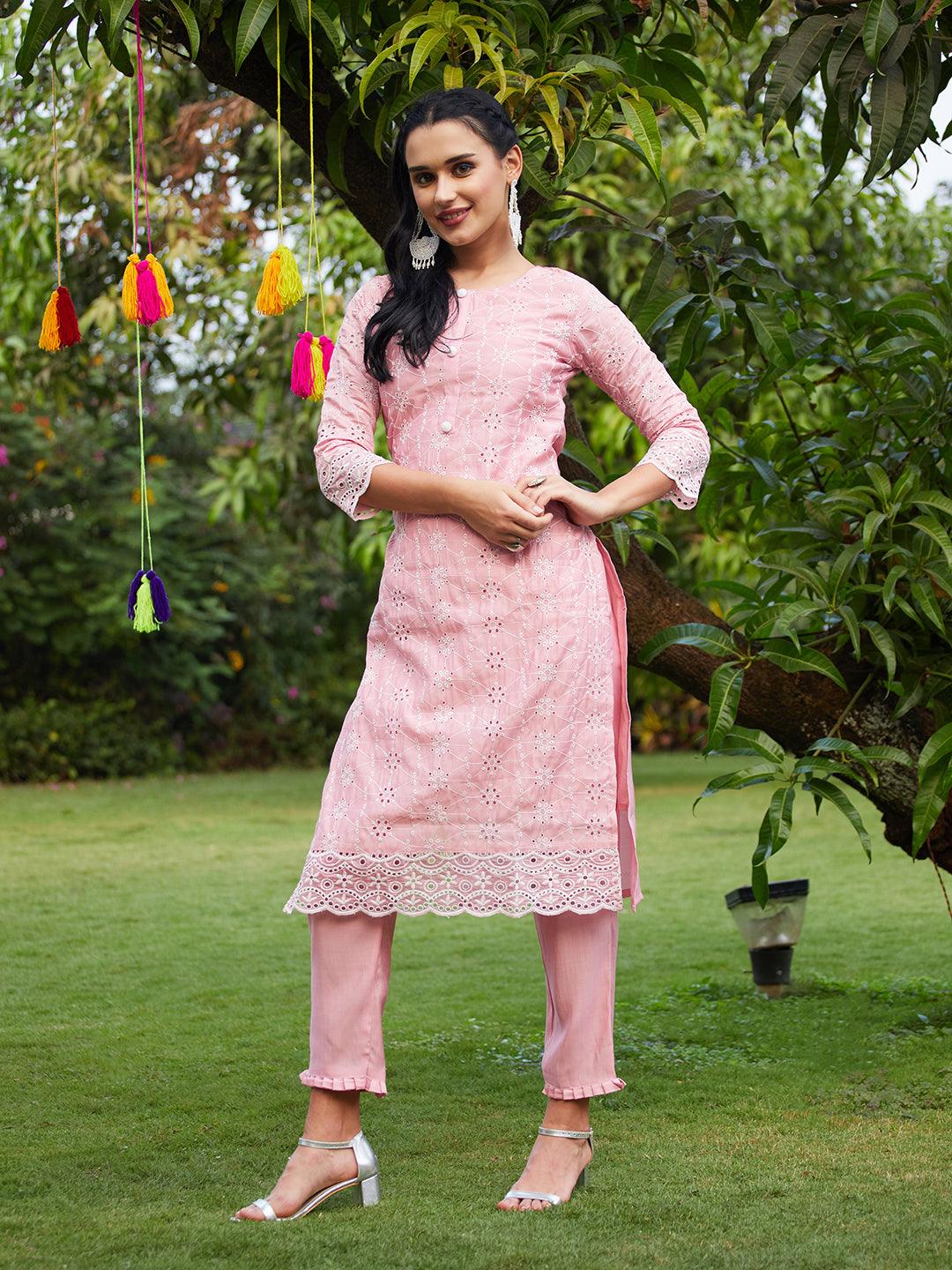 Floral Embroidered Straight Fit Kurta with Pants & Dupatta - Pink - Indiakreations