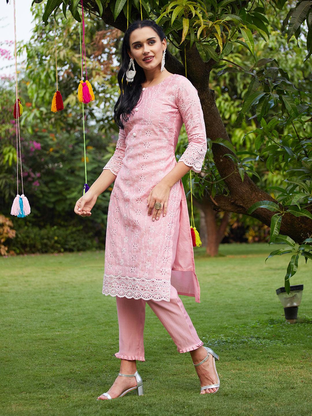 Floral Embroidered Straight Fit Kurta with Pants & Dupatta - Pink - Indiakreations