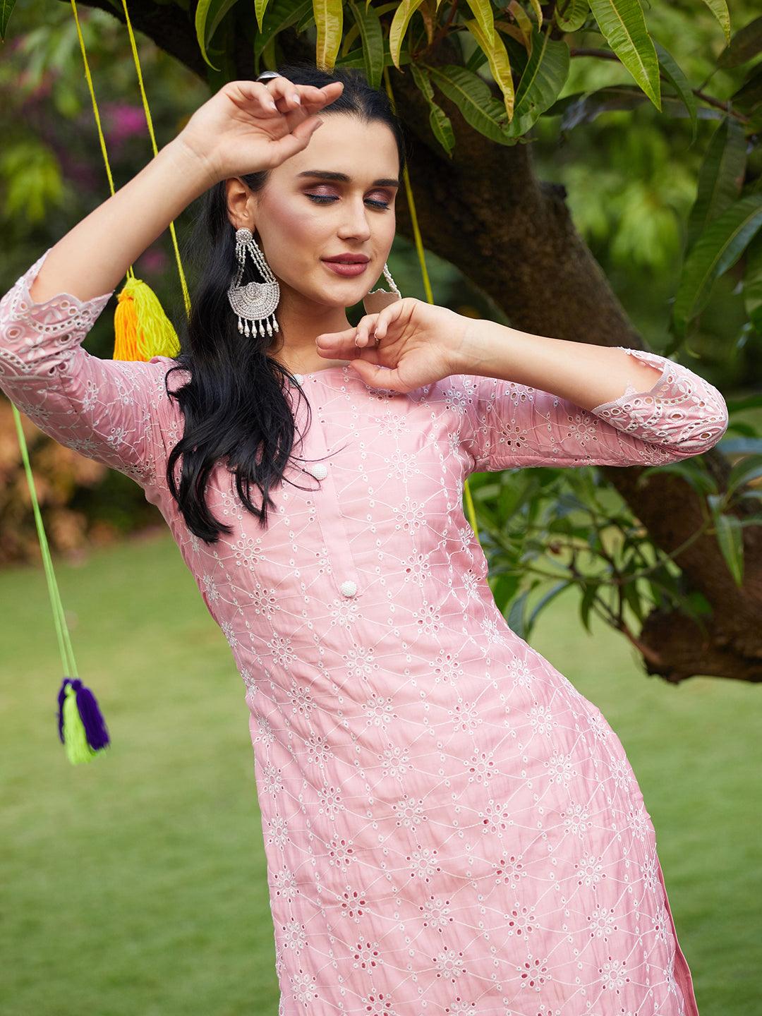 Floral Embroidered Straight Fit Kurta with Pants & Dupatta - Pink - Indiakreations