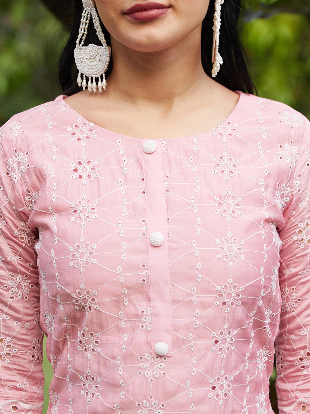 Floral Embroidered Straight Fit Kurta with Pants & Dupatta - Pink - Indiakreations