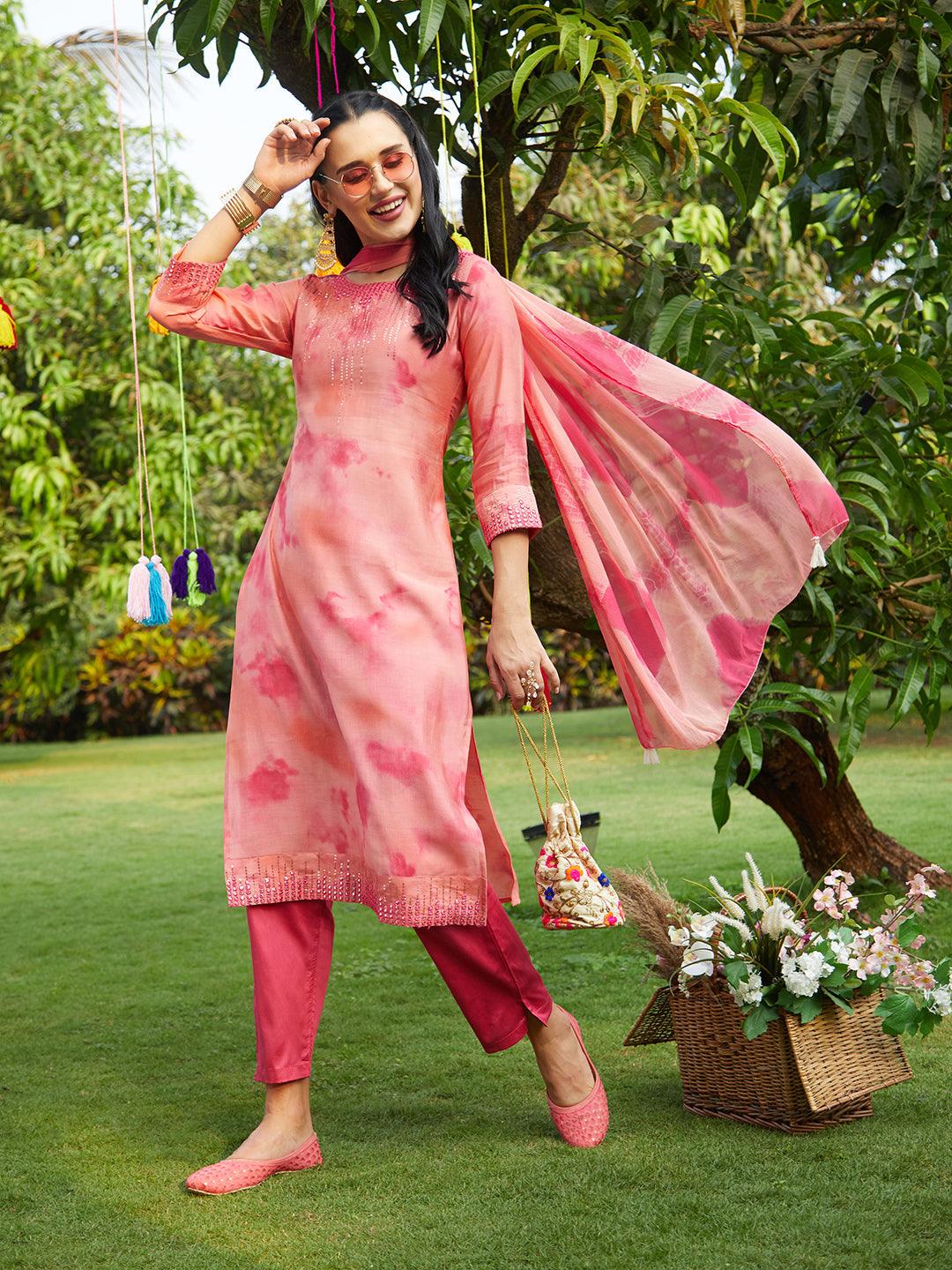 Abstract Printed & Embroidered Straight Kurta with Pants & Dupatta - Peach - Indiakreations