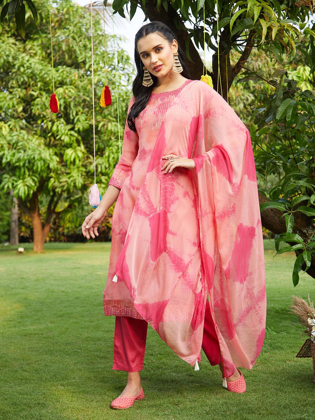 Abstract Printed & Embroidered Straight Kurta with Pants & Dupatta - Peach - Indiakreations