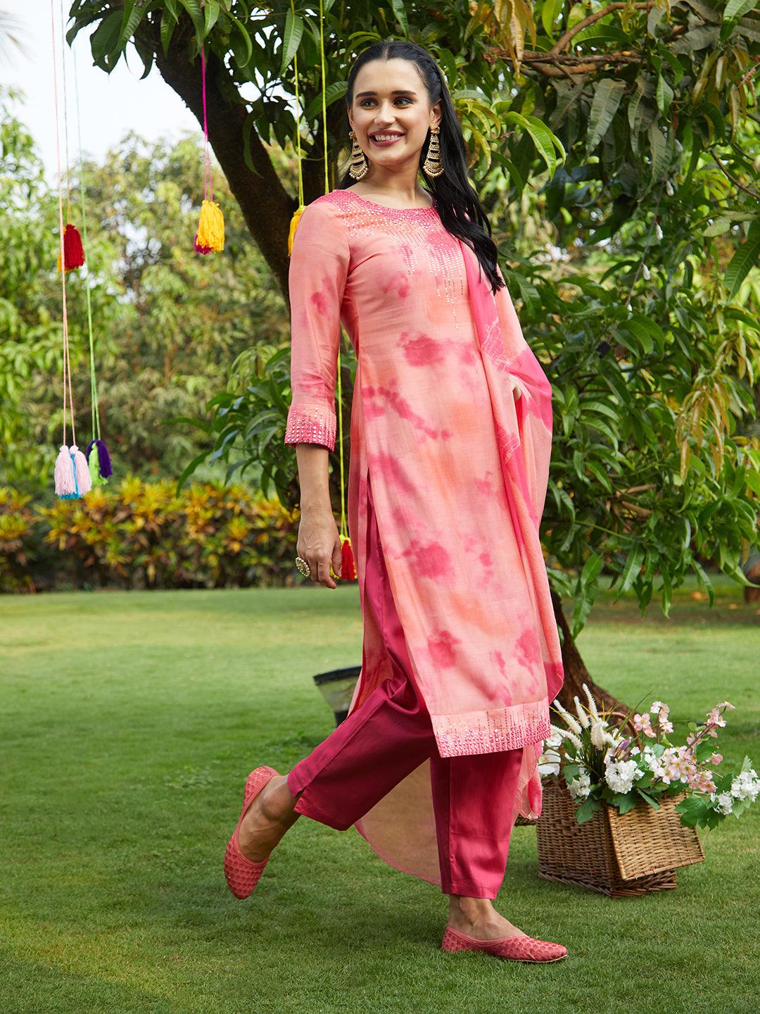 Abstract Printed & Embroidered Straight Kurta with Pants & Dupatta - Peach - Indiakreations