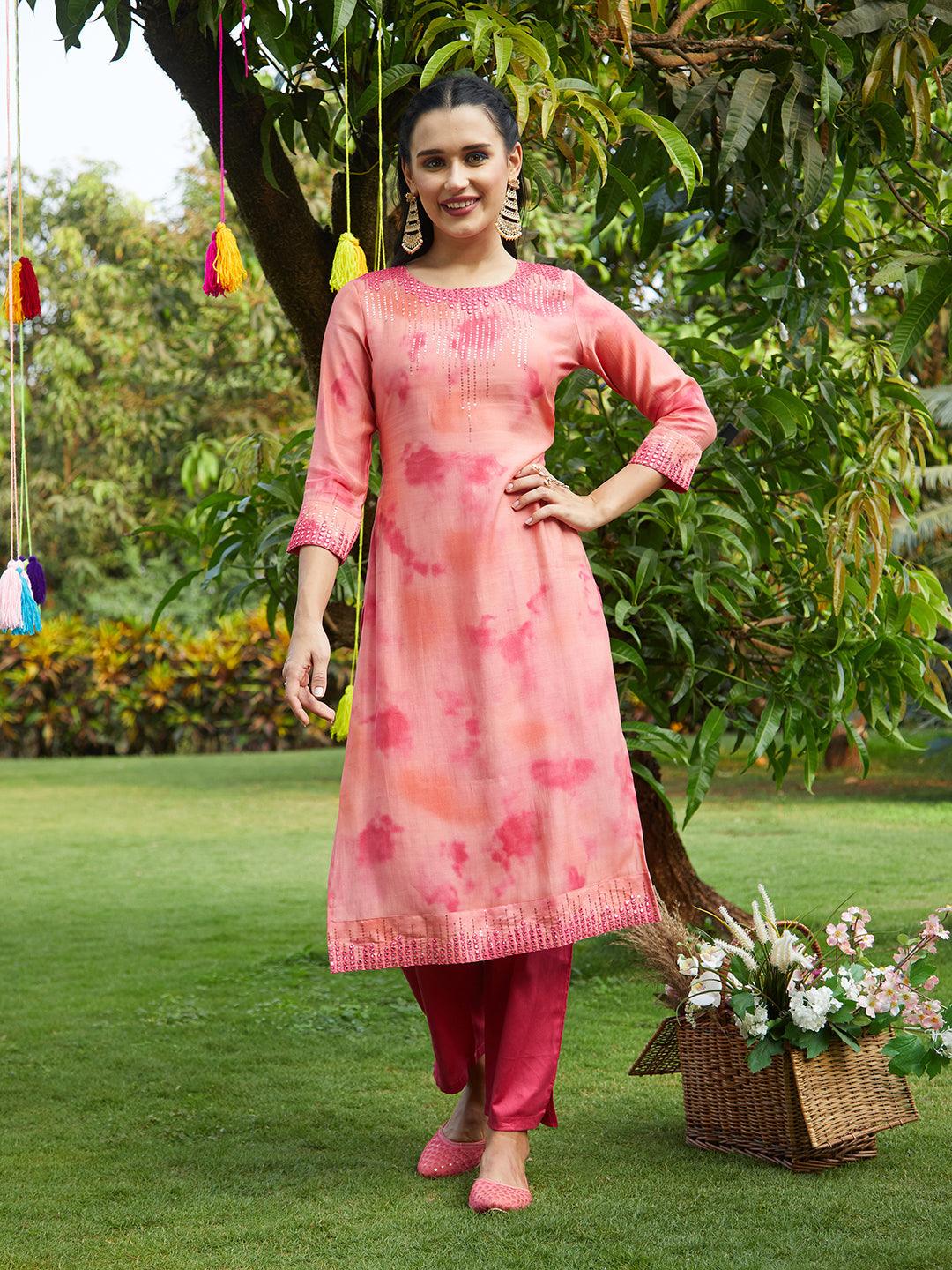 Abstract Printed & Embroidered Straight Kurta with Pants & Dupatta - Peach - Indiakreations