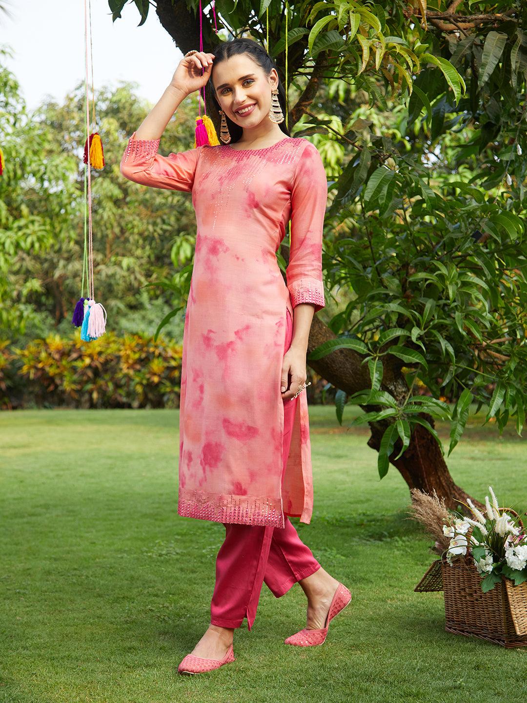 Abstract Printed & Embroidered Straight Kurta with Pants & Dupatta - Peach - Indiakreations