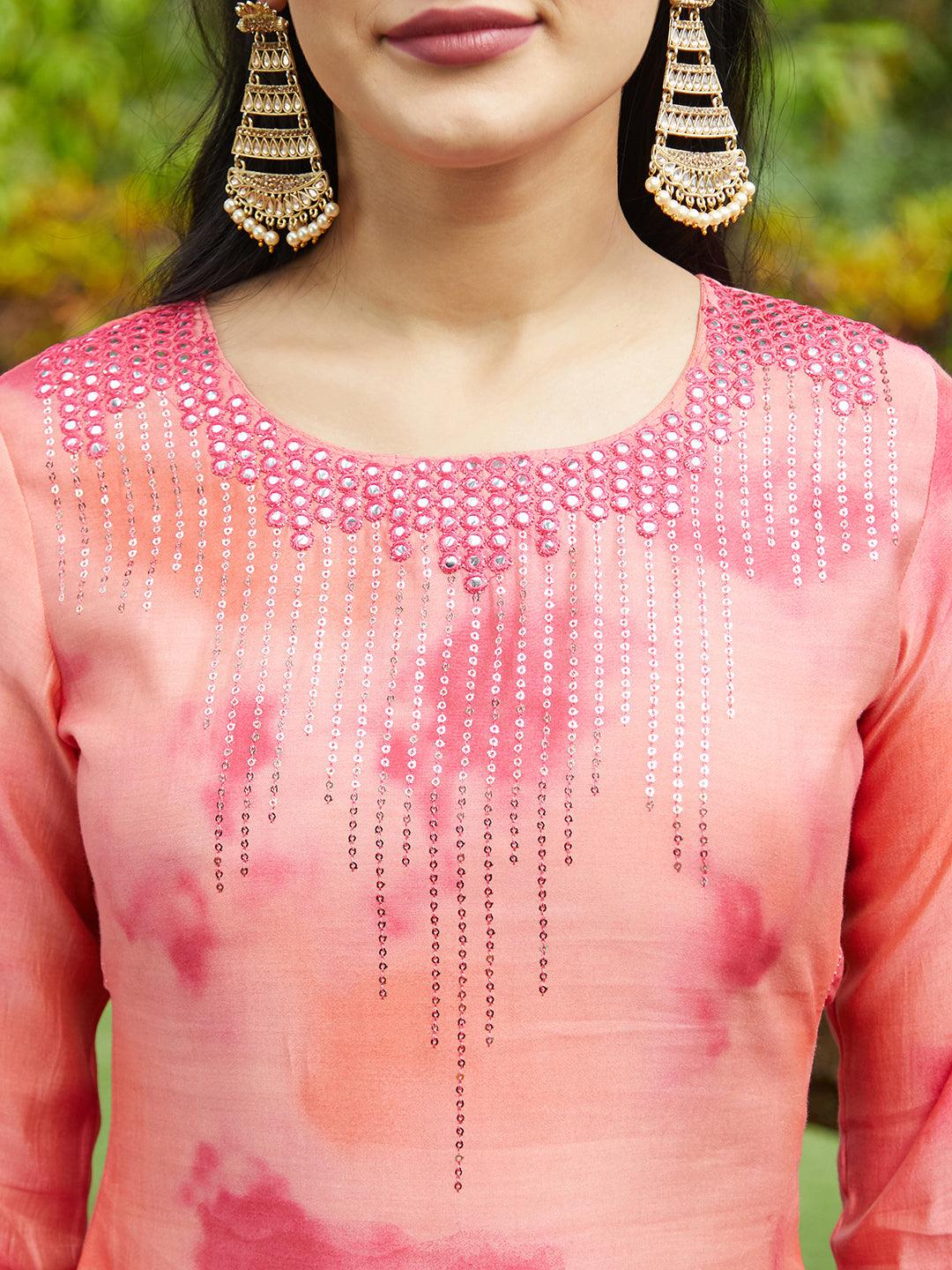 Abstract Printed & Embroidered Straight Kurta with Pants & Dupatta - Peach - Indiakreations