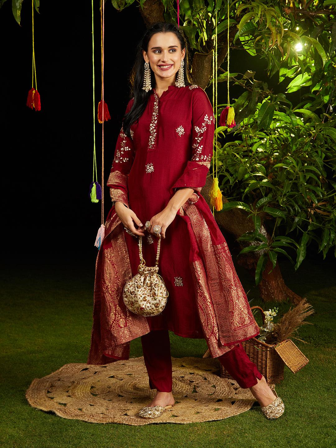 Solid Gotapatti Embroidered Kurta With Pants & Jacquard Dupatta - Maroon - Indiakreations