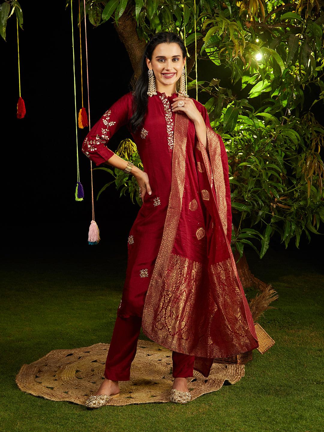 Solid Gotapatti Embroidered Kurta With Pants & Jacquard Dupatta - Maroon - Indiakreations