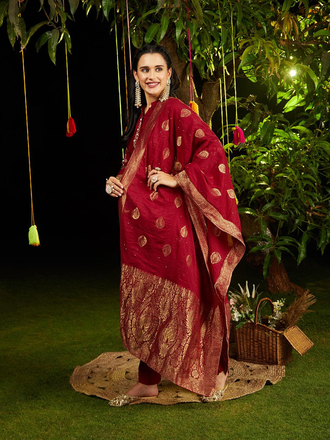 Solid Gotapatti Embroidered Kurta With Pants & Jacquard Dupatta - Maroon - Indiakreations