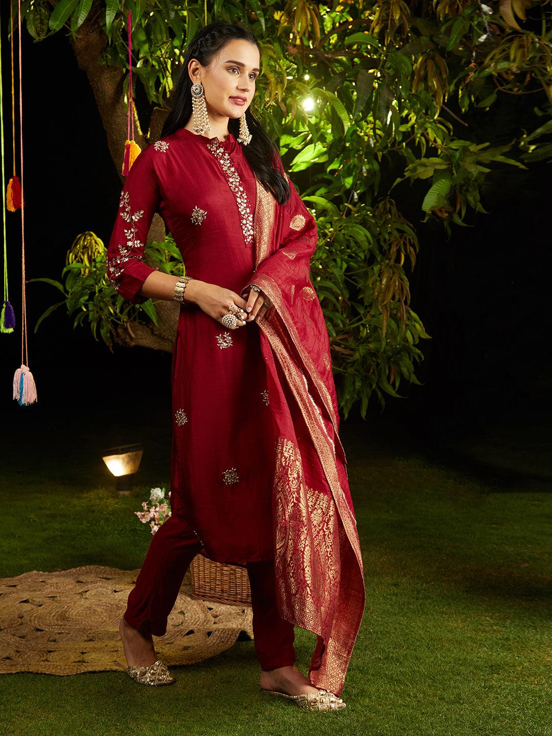 Solid Gotapatti Embroidered Kurta With Pants & Jacquard Dupatta - Maroon - Indiakreations