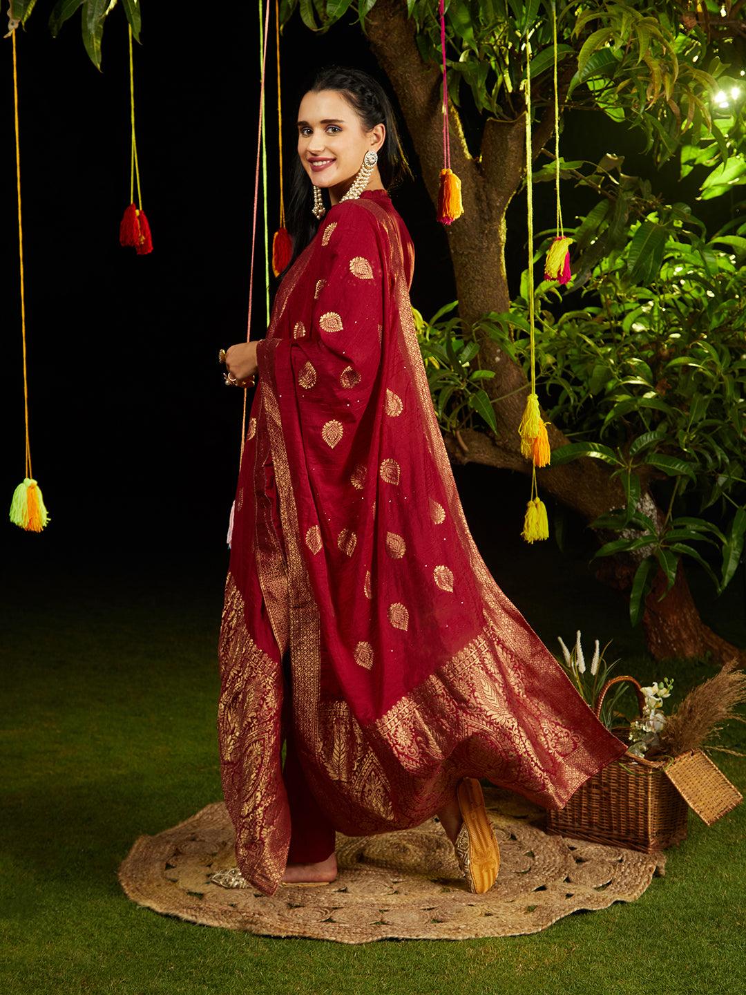 Solid Gotapatti Embroidered Kurta With Pants & Jacquard Dupatta - Maroon - Indiakreations