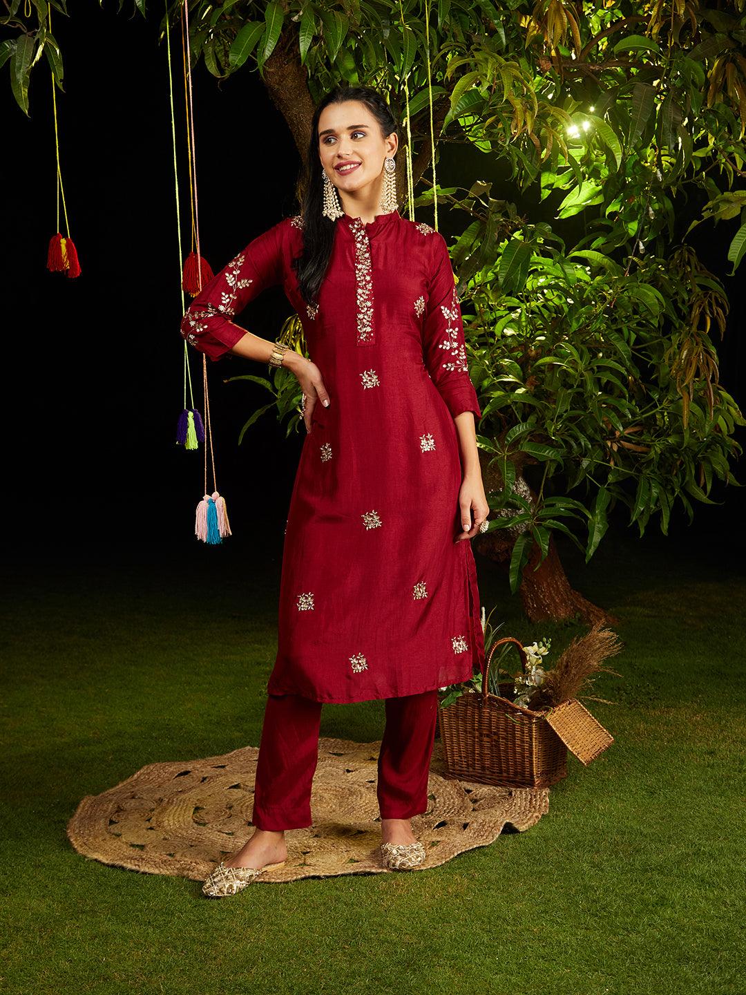 Solid Gotapatti Embroidered Kurta With Pants & Jacquard Dupatta - Maroon - Indiakreations