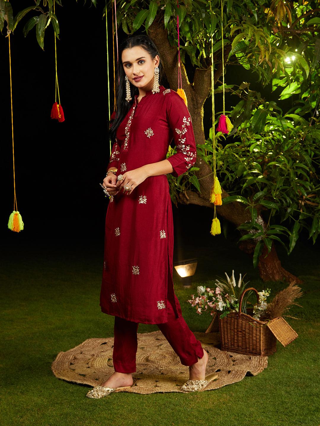 Solid Gotapatti Embroidered Kurta With Pants & Jacquard Dupatta - Maroon - Indiakreations