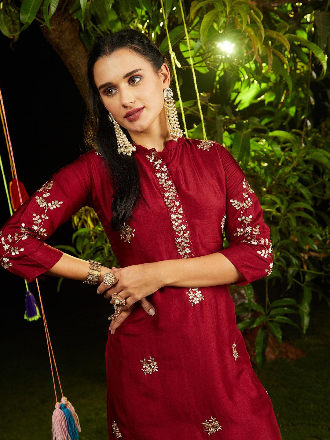 Solid Gotapatti Embroidered Kurta With Pants & Jacquard Dupatta - Maroon - Indiakreations