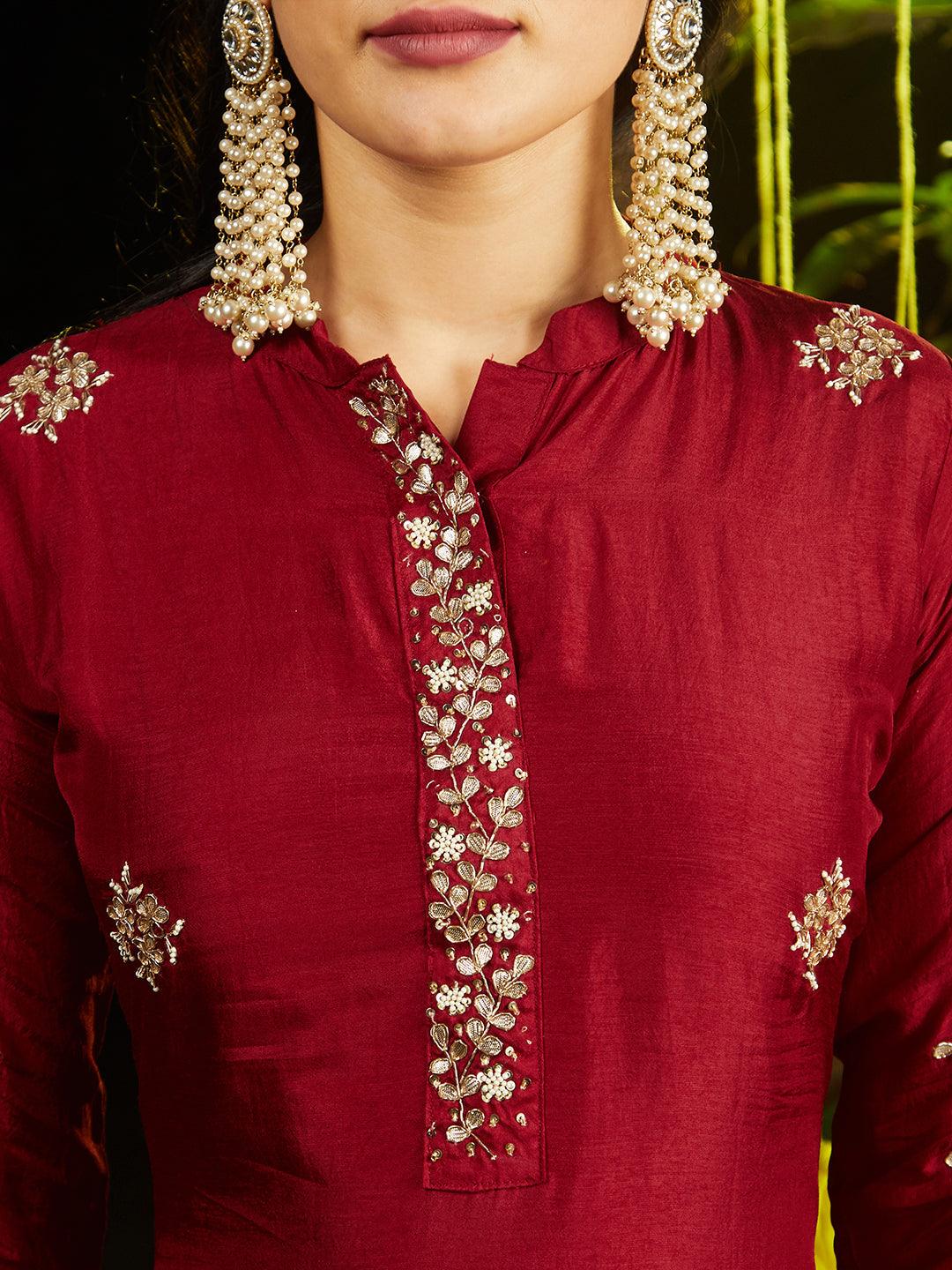 Solid Gotapatti Embroidered Kurta With Pants & Jacquard Dupatta - Maroon - Indiakreations