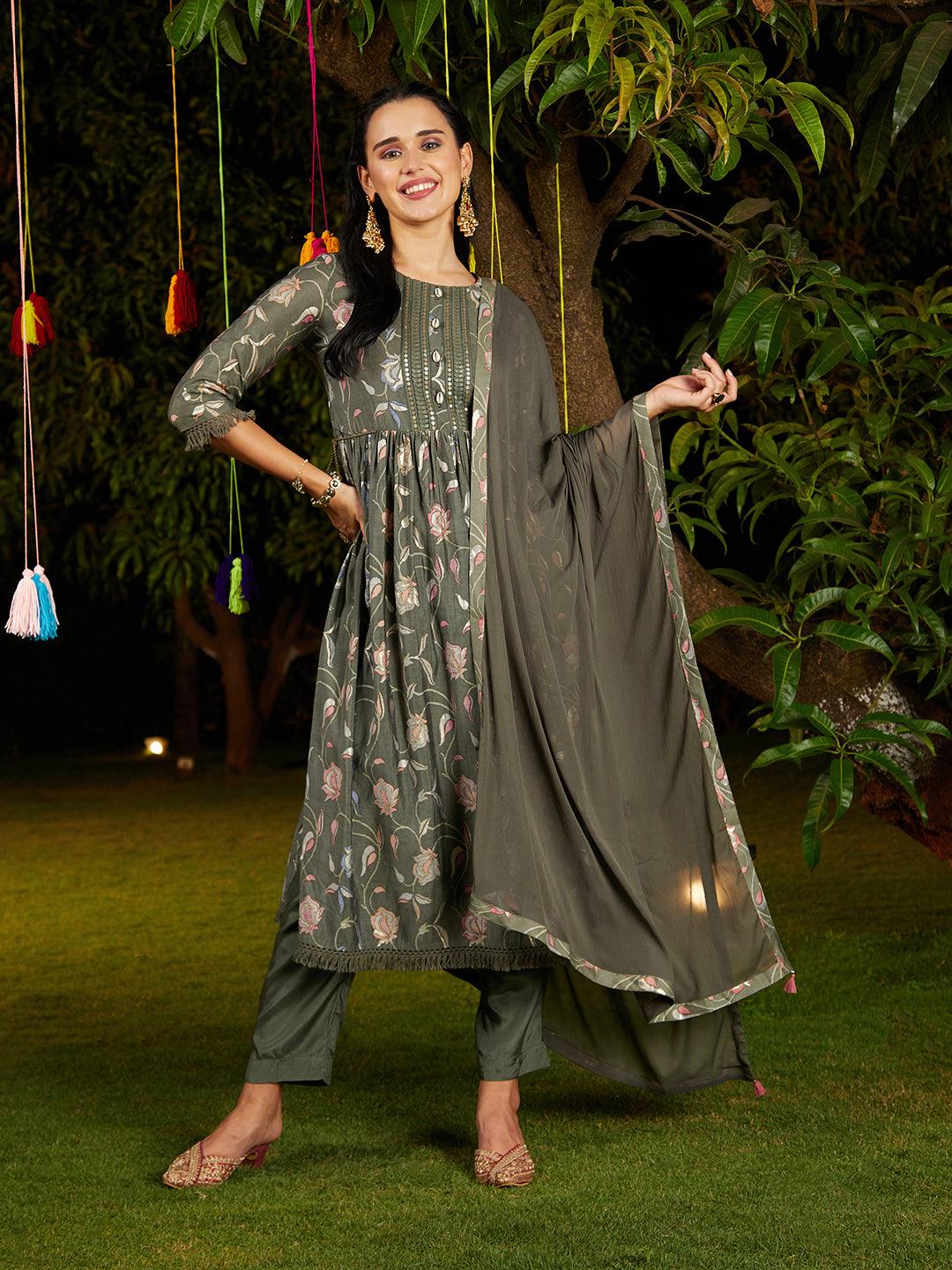 Floral Printed & Embroidered A-Line Kurta with Pant & Dupatta - Green - Indiakreations