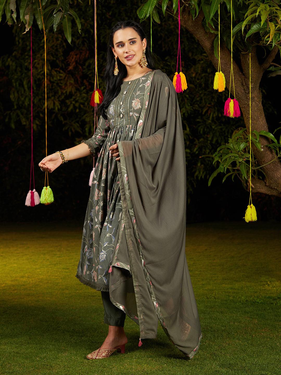 Floral Printed & Embroidered A-Line Kurta with Pant & Dupatta - Green - Indiakreations