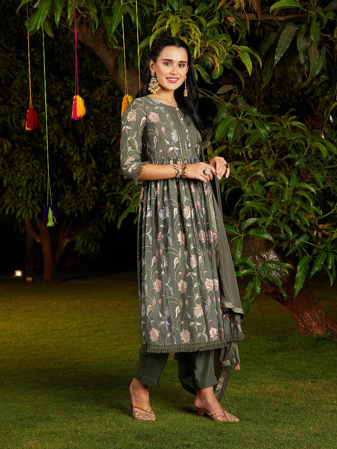 Floral Printed & Embroidered A-Line Kurta with Pant & Dupatta - Green - Indiakreations