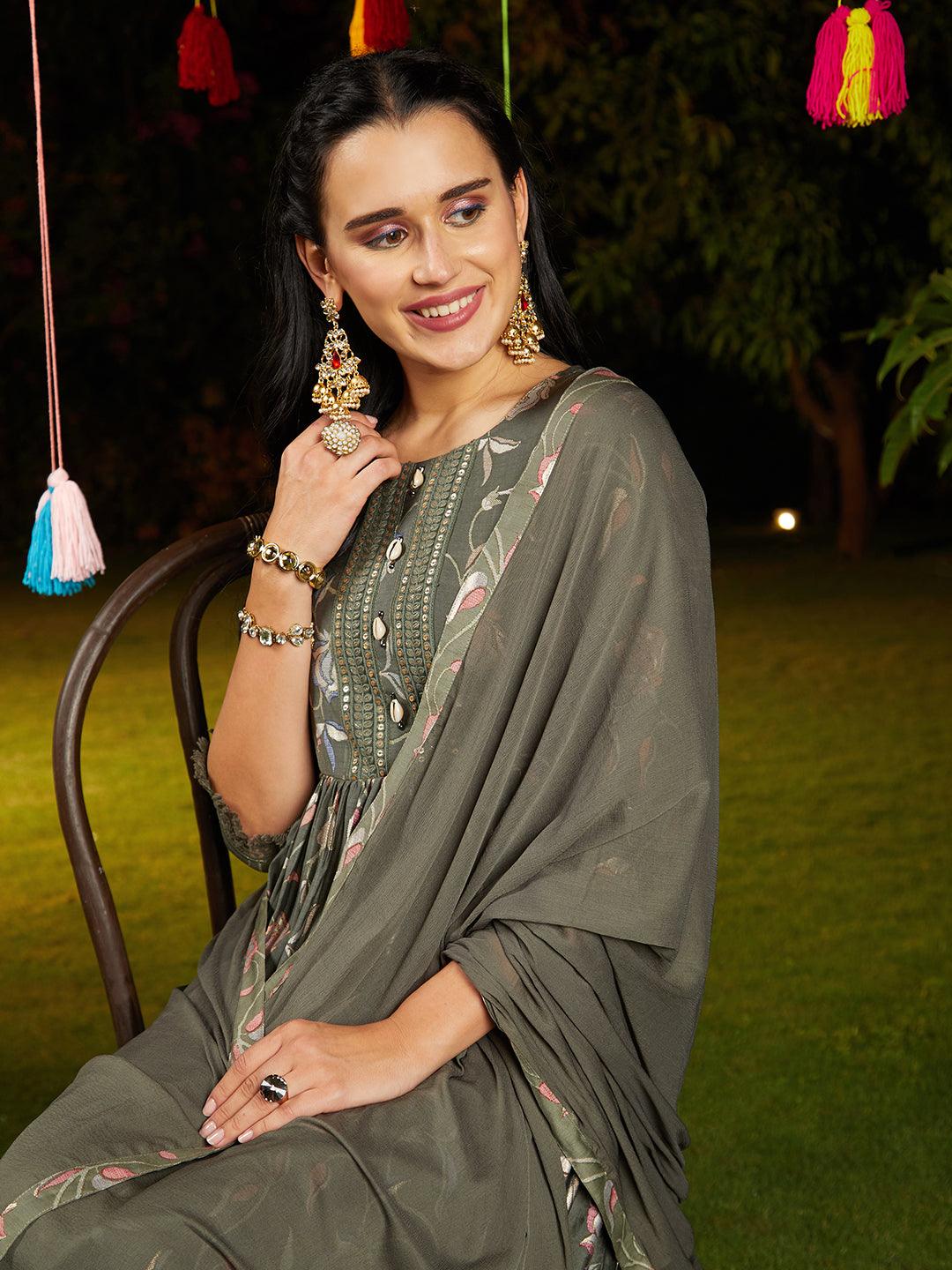 Floral Printed & Embroidered A-Line Kurta with Pant & Dupatta - Green - Indiakreations