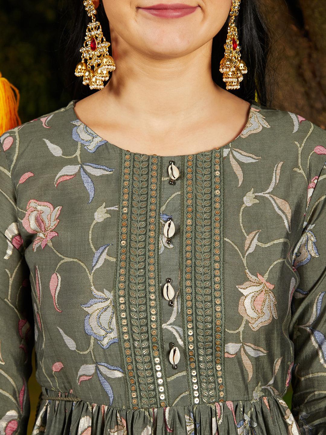 Floral Printed & Embroidered A-Line Kurta with Pant & Dupatta - Green - Indiakreations