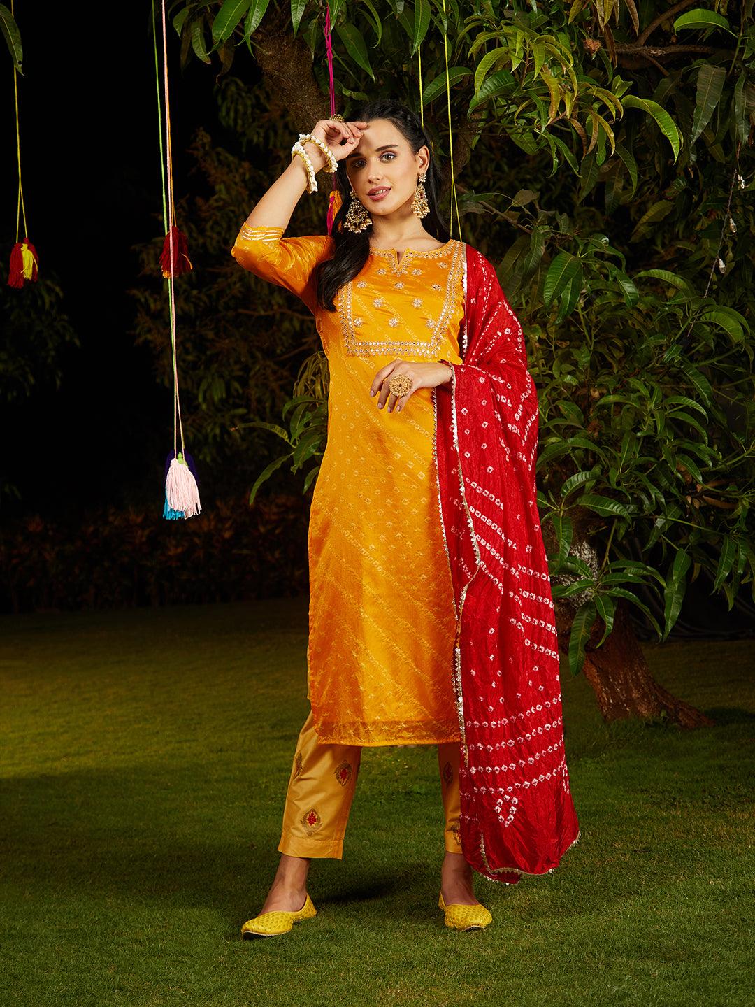 Bandhani Printed & Embroidered Straight Kurta with Pant & Dupatta - Yellow - Indiakreations