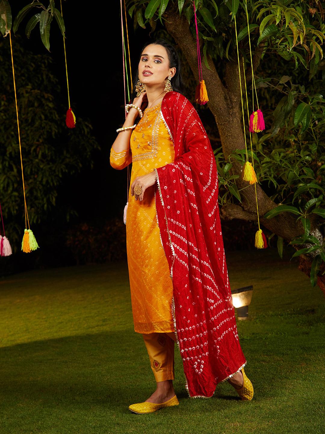 Bandhani Printed & Embroidered Straight Kurta with Pant & Dupatta - Yellow - Indiakreations