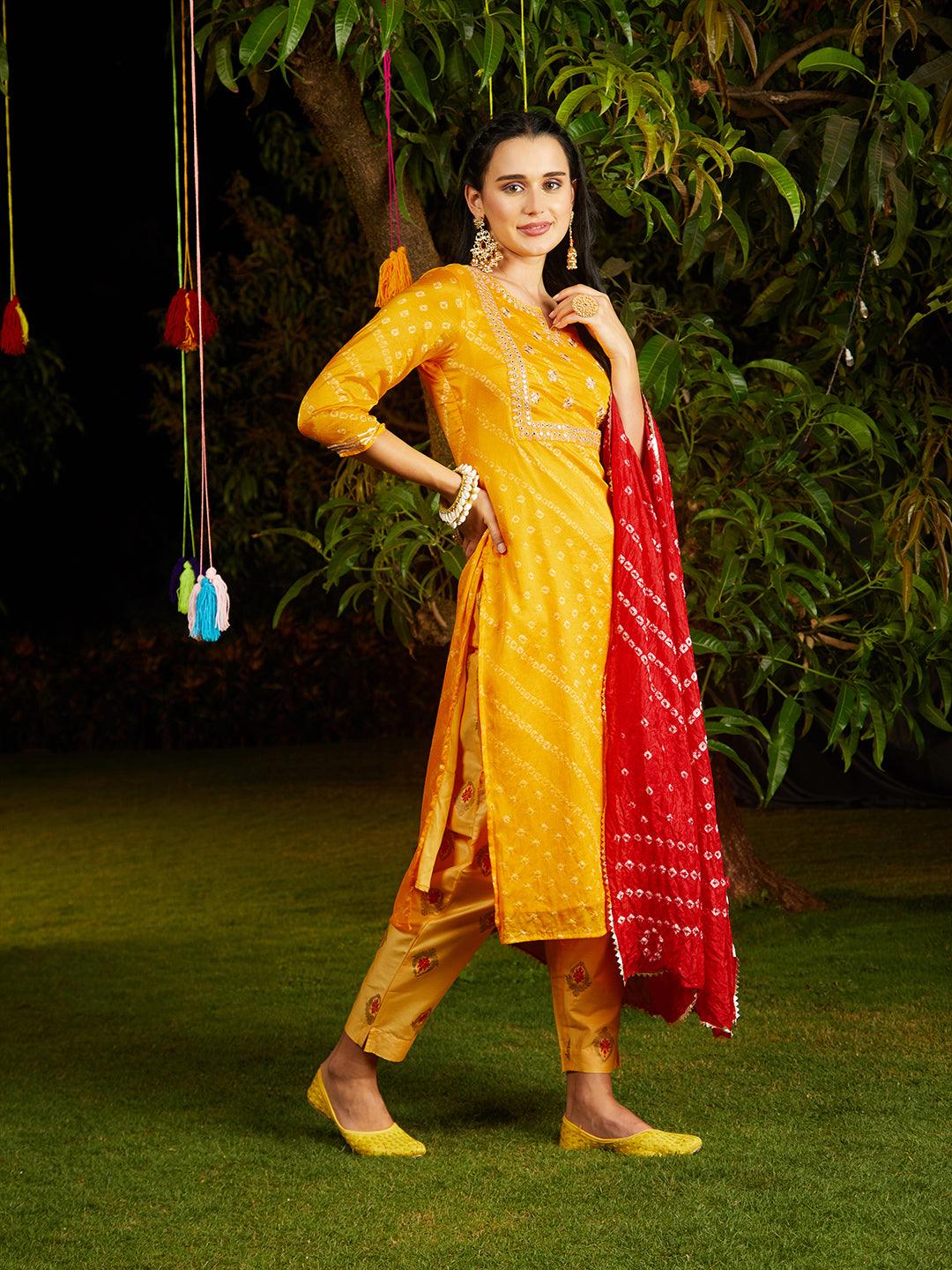 Bandhani Printed & Embroidered Straight Kurta with Pant & Dupatta - Yellow - Indiakreations