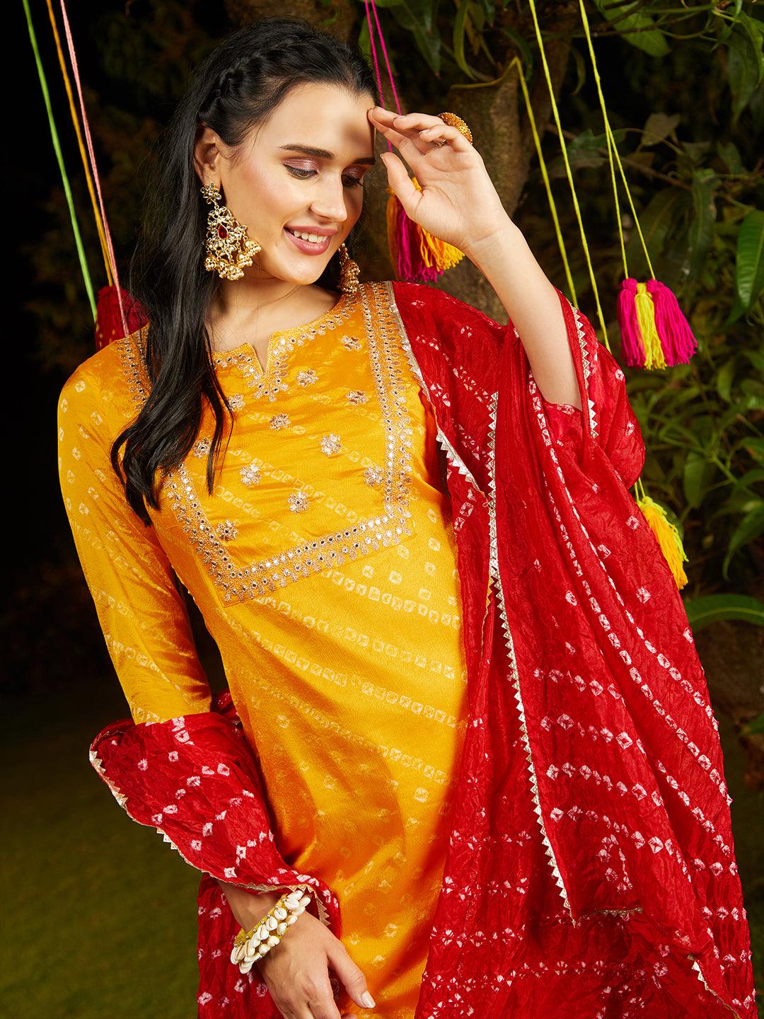 Bandhani Printed & Embroidered Straight Kurta with Pant & Dupatta - Yellow - Indiakreations