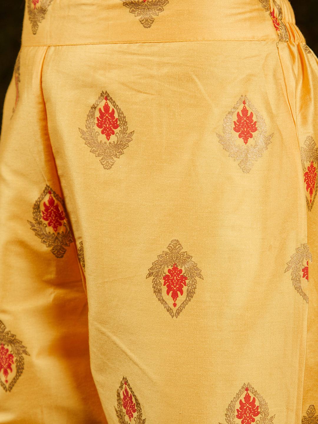 Bandhani Printed & Embroidered Straight Kurta with Pant & Dupatta - Yellow - Indiakreations