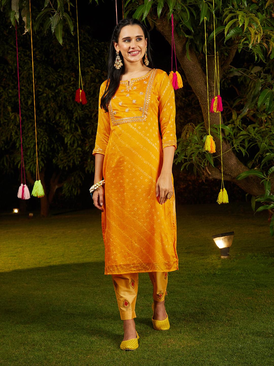 Bandhani Printed & Embroidered Straight Kurta with Pant & Dupatta - Yellow - Indiakreations